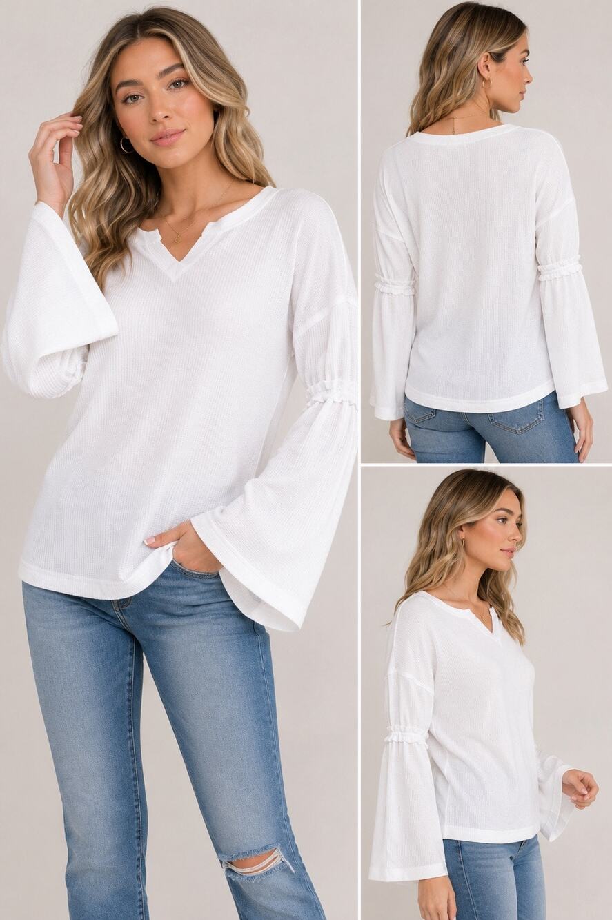 BAEA White Textured Thermal Top | Flare Sleeve Bell Sleeve Cozy Knit Size L NWT